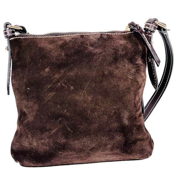 Dooney & Bourke Suede Letter Carrier Bag Crossbody Chocolate Brown - Picture 2 of 12